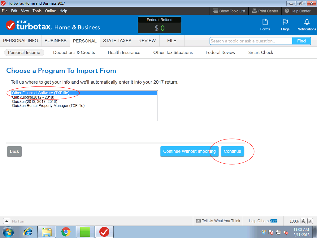Select TXF in TurboTax